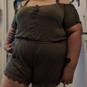 Olive green lace trim romper